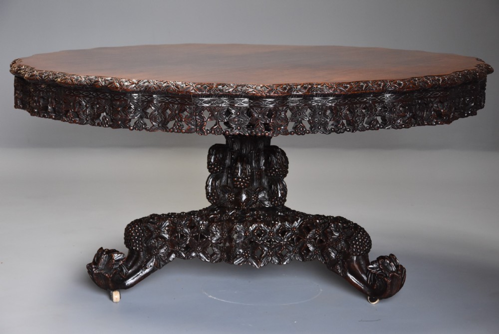 Large highly decorative 19th century Anglo Indian padouk centre table of circular form View V