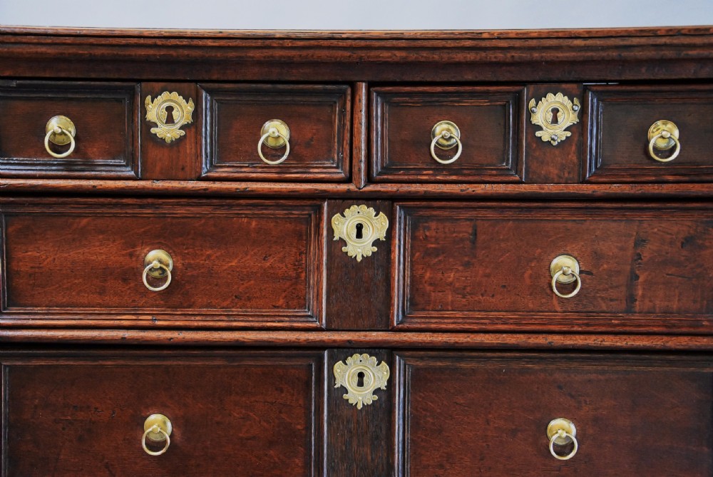 Early 18th century oak and elm moulded front chest of drawers of good patina View VII