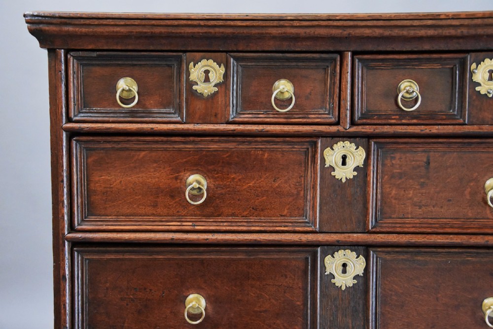 Early 18th century oak and elm moulded front chest of drawers of good patina View VIII