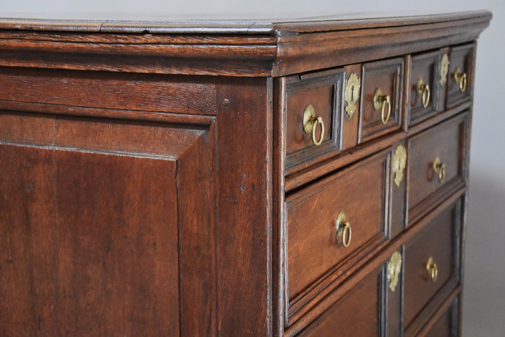 Early 18th century oak and elm moulded front chest of drawers of good patina View IX