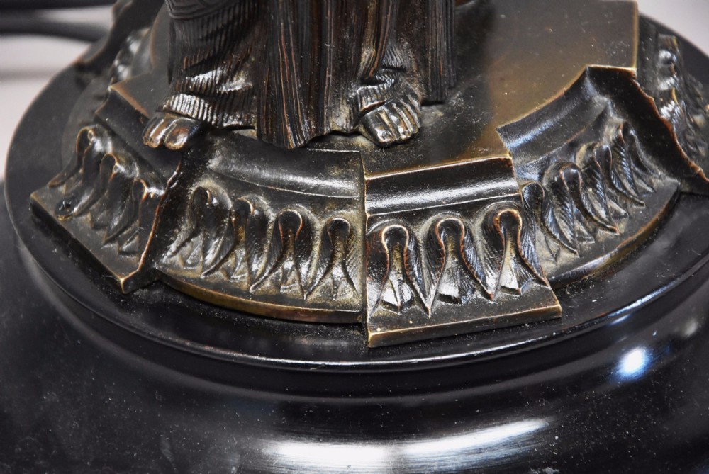 Decorative pair of late 19thc bronze table lamps in the form of Classical Grecian figures View XIII