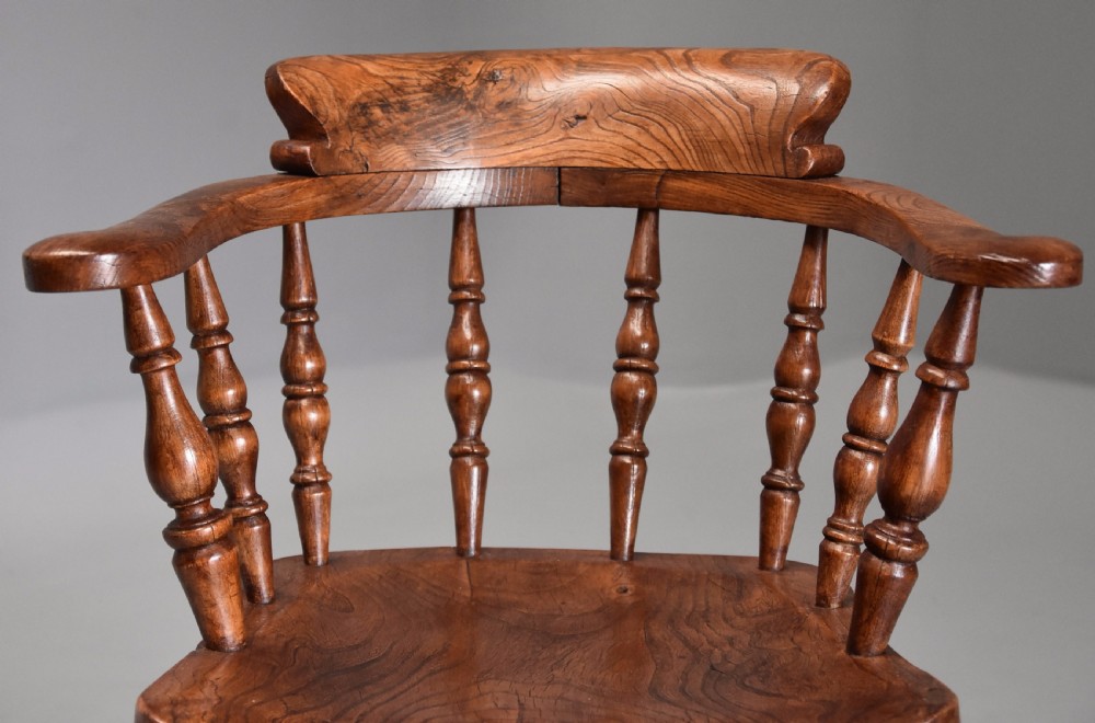 Superb set of six mid 19th century nicely figured elm Smokers bow Windsor chairs View IX