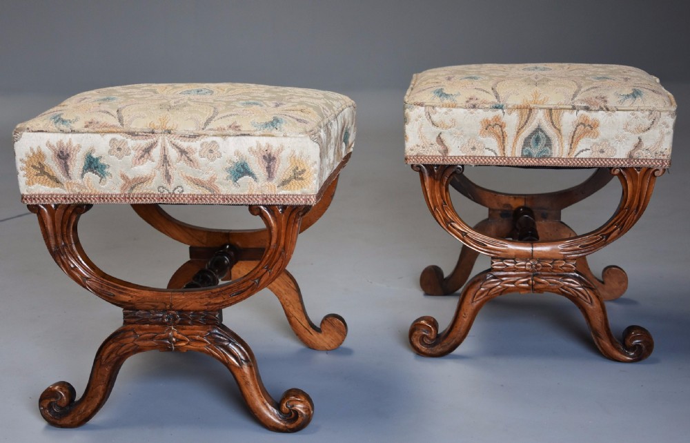 Pair of 19th century William IV rosewood X frame upholstered stools View II