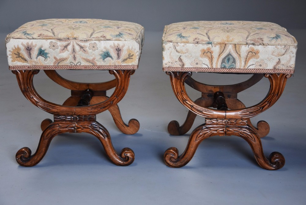 Pair of 19th century William IV rosewood X frame upholstered stools View III
