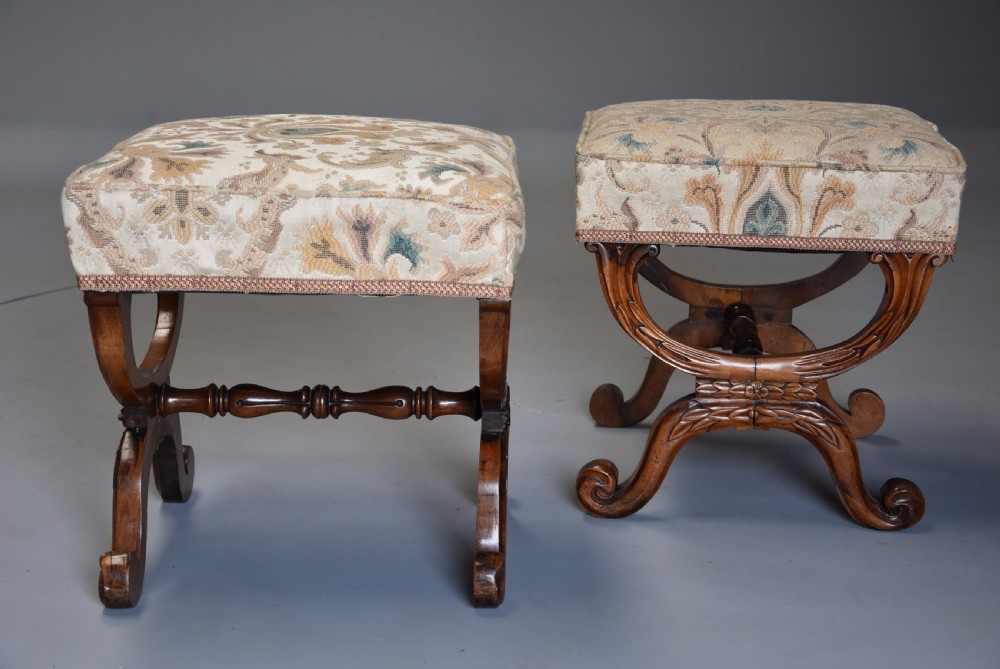 Pair of 19th century William IV rosewood X frame upholstered stools View IV