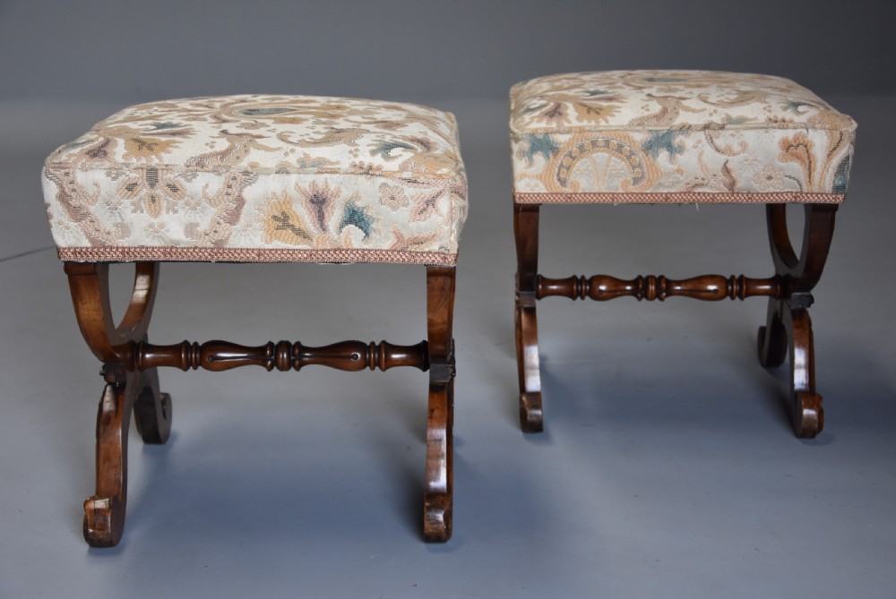 Pair of 19th century William IV rosewood X frame upholstered stools View V