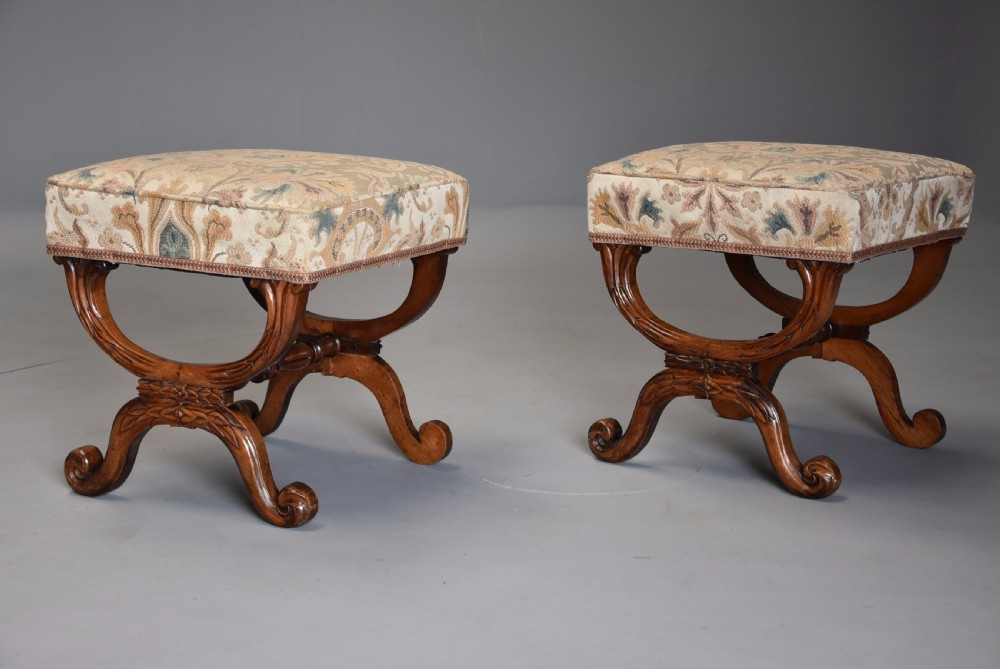 Pair of 19th century William IV rosewood X frame upholstered stools View VI