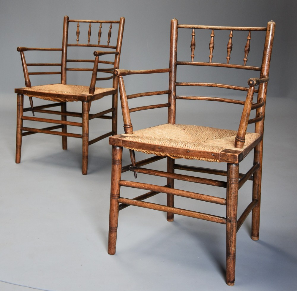 Pair of late 19th century ash & beech Morris & Co. Sussex armchairs 