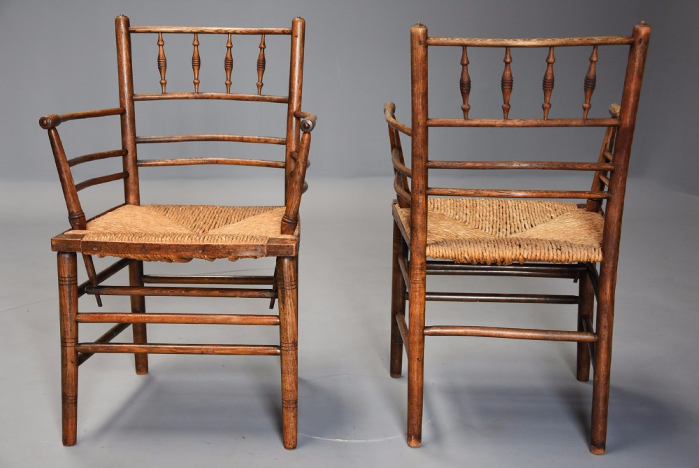 Pair of late 19th century ash & beech Morris & Co. Sussex armchairs  View XI