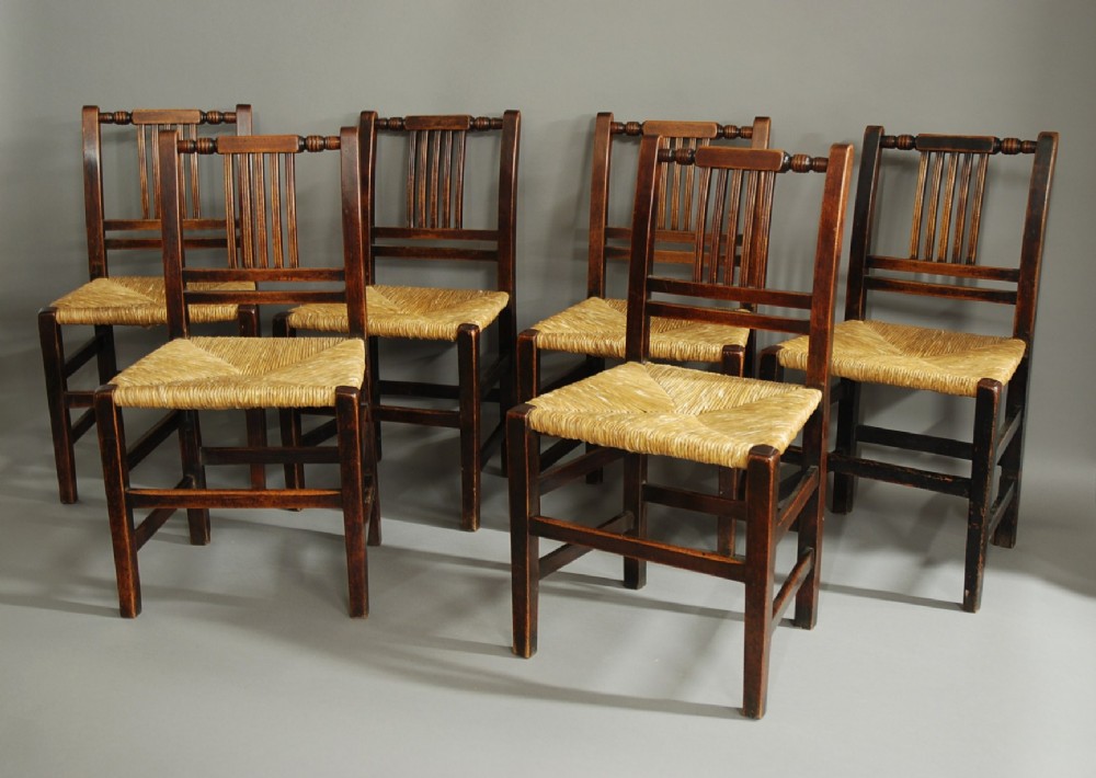 Charming mid 19th century set of six birch & rush country chairs from the Lancashire area