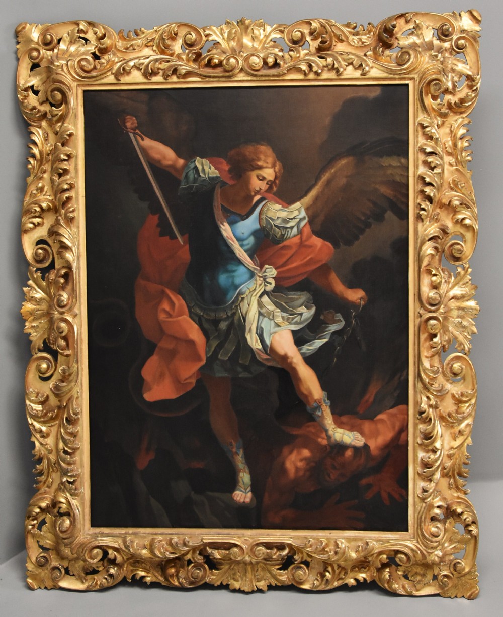 Large 19thc Italian School oil painting 'The Archangel defeating Satan' After Guido Reni (Bologna 1577-1642) in superb gilt Florentine frame