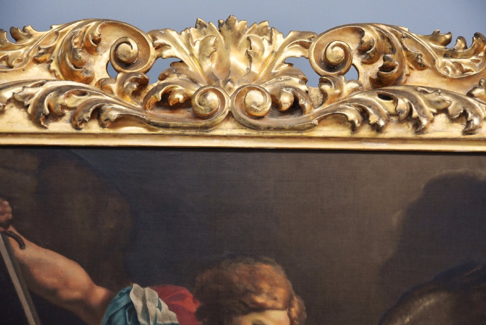 Large 19thc Italian School oil painting 'The Archangel defeating Satan' After Guido Reni (Bologna 1577-1642) in superb gilt Florentine frame View VIII