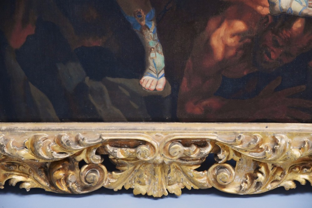 Large 19thc Italian School oil painting 'The Archangel defeating Satan' After Guido Reni (Bologna 1577-1642) in superb gilt Florentine frame View XII