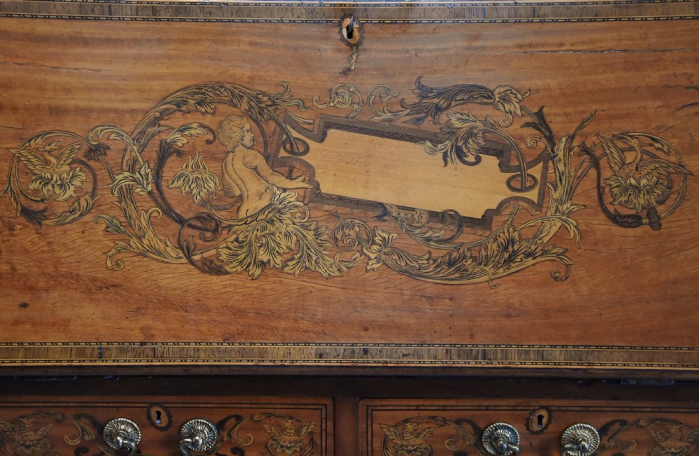 Unusual late 19thc satinwood, mahogany & marquetry inlaid bureau bookcase of small proportions View VIII