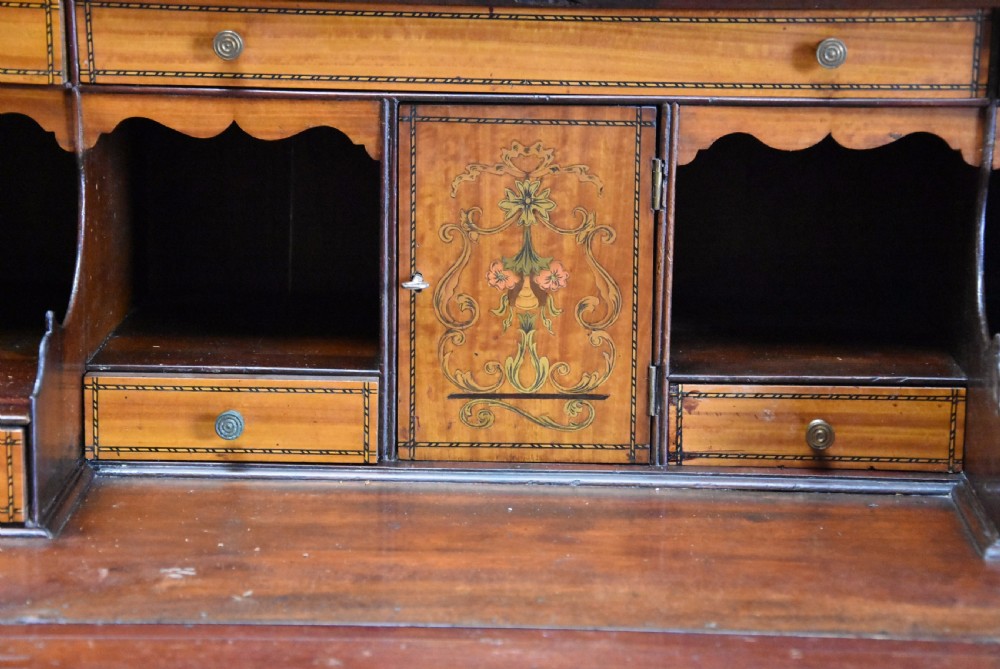 Unusual late 19thc satinwood, mahogany & marquetry inlaid bureau bookcase of small proportions View XII