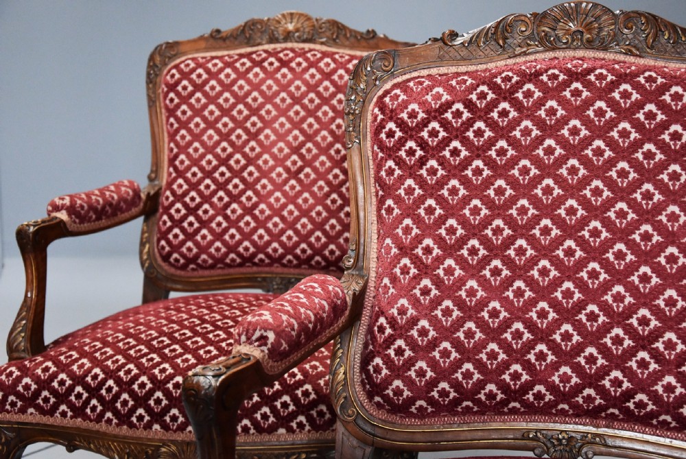 Pair of late 19thc French walnut fauteuils in the Louis XV style with traces of original gilt View IV