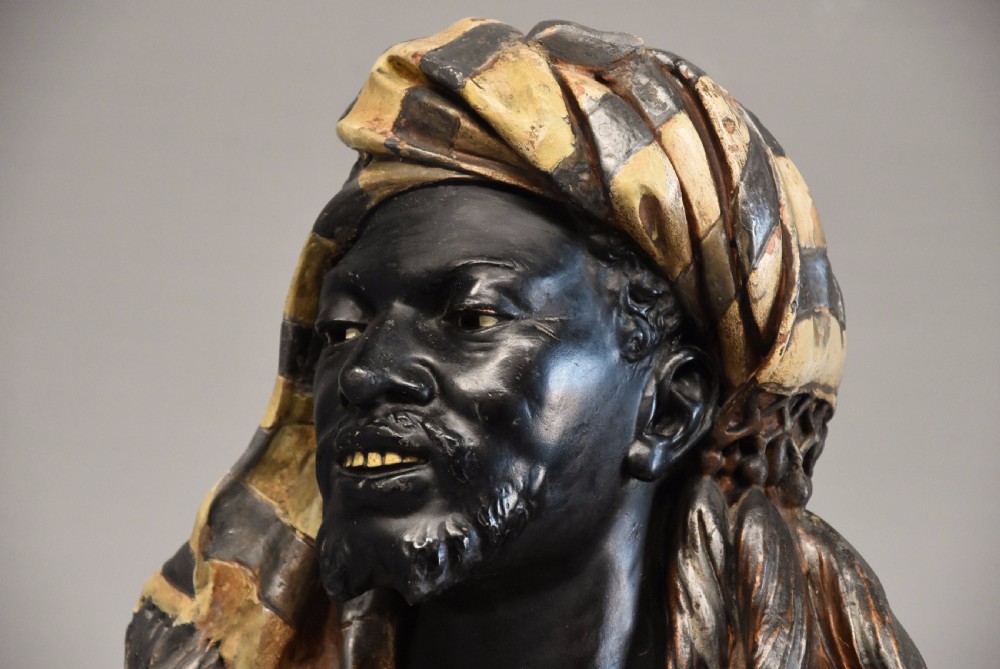 Highly decorative late 19th century life size Austrian painted terracotta bust of a Nubian man View IV