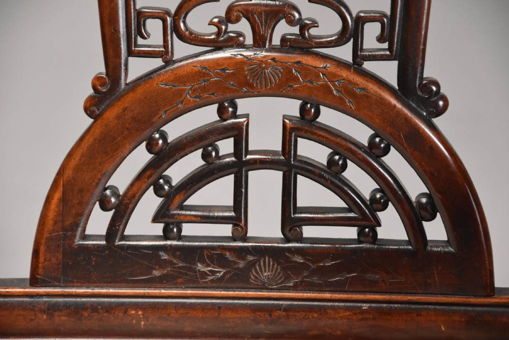Exquisite & rare French 19thc Japanese style carved walnut armchair attributed to the Parisian cabinetmaker Gabriel-Frederic Viardot View IX