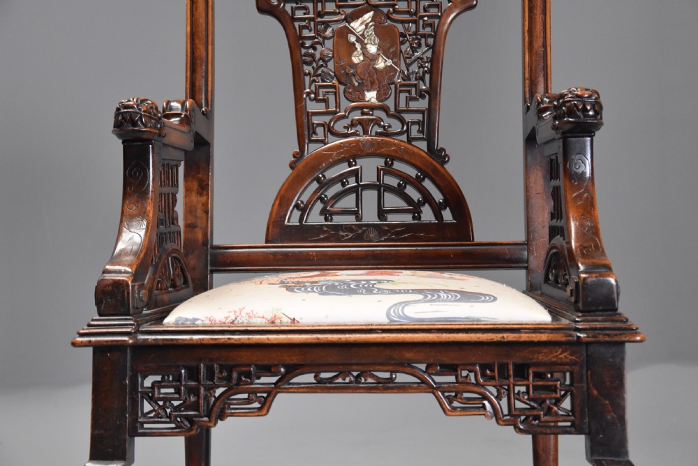 Exquisite & rare French 19thc Japanese style carved walnut armchair attributed to the Parisian cabinetmaker Gabriel-Frederic Viardot View X