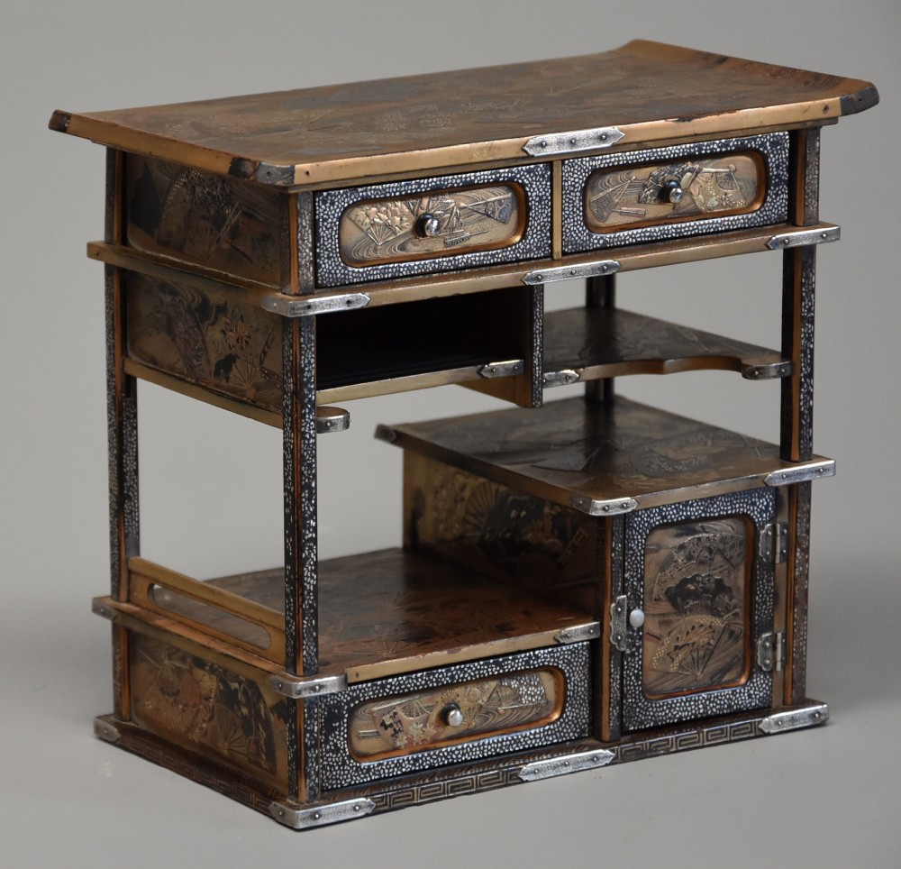 Small early 20thc Meiji period Japanese gold & black lacquered shodana table cabinet