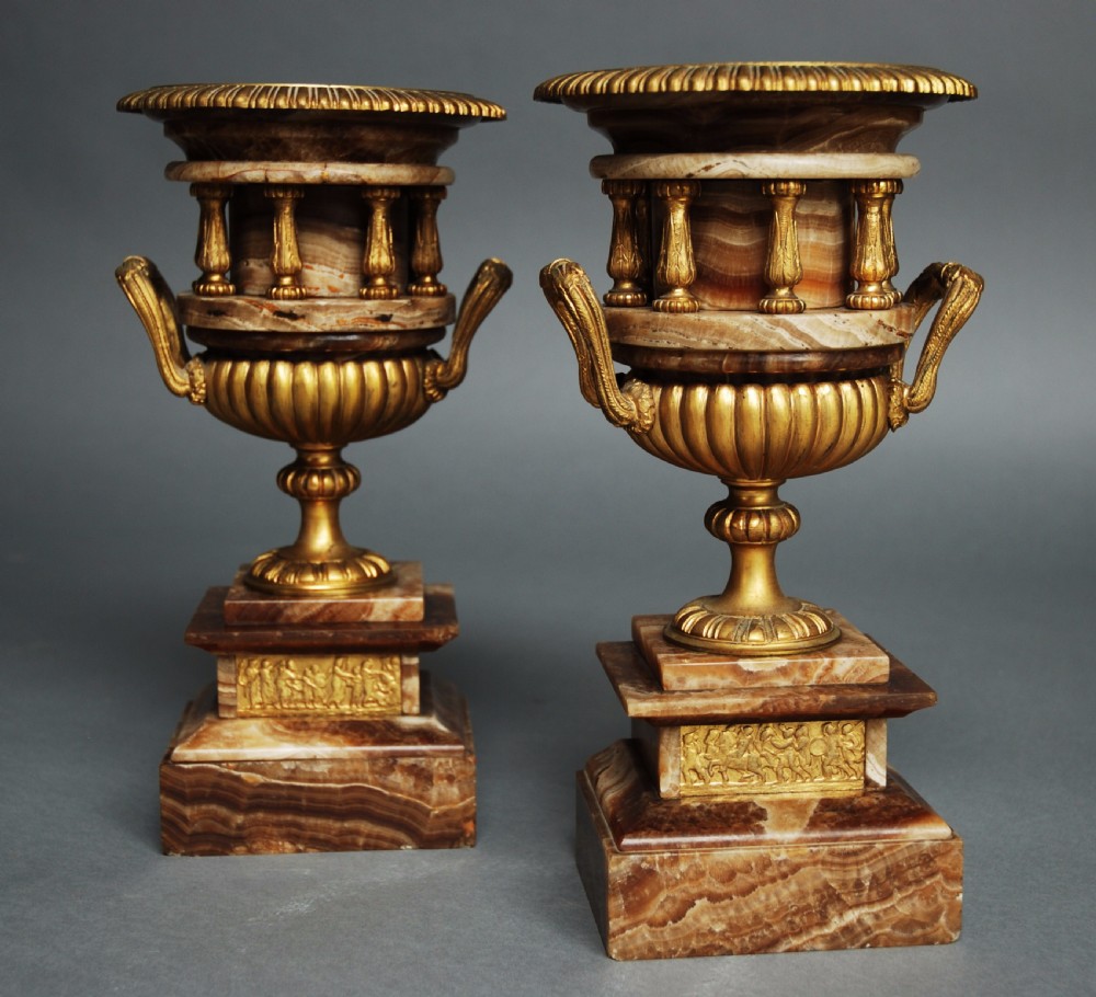 Pair of French late 19thc fine quality onyx urns with ormolu mounts in the Classical style View III
