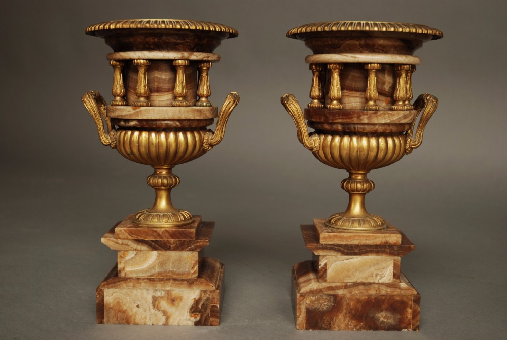 Pair of French late 19thc fine quality onyx urns with ormolu mounts in the Classical style View XIII