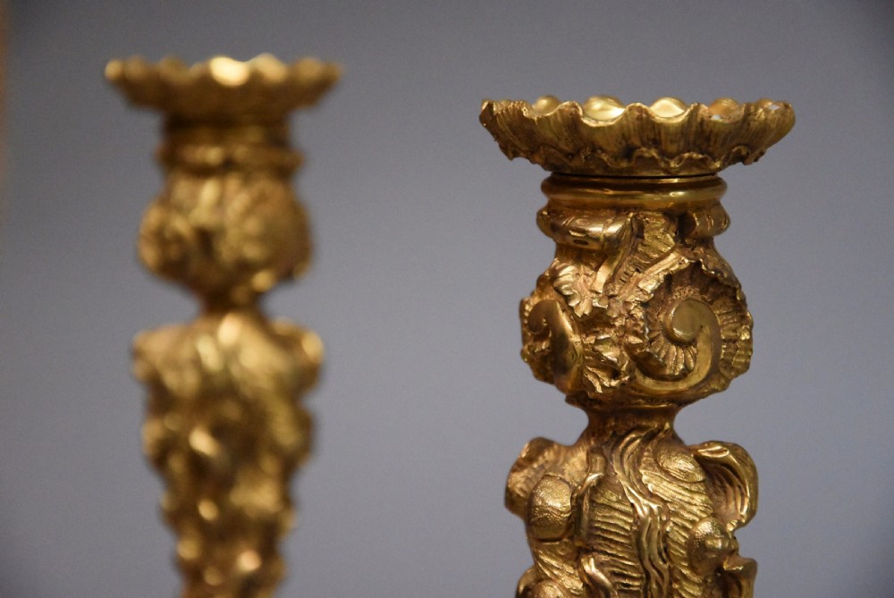 Pair of late 19th century French highly decorative ormolu candlesticks in the Rococo style View IV