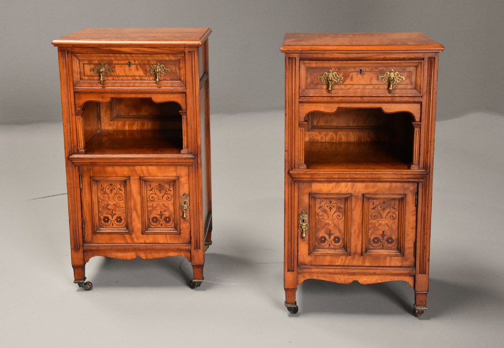 Pair of late 19th century satin birch bedside cabinets with Aesthetic Movement influence