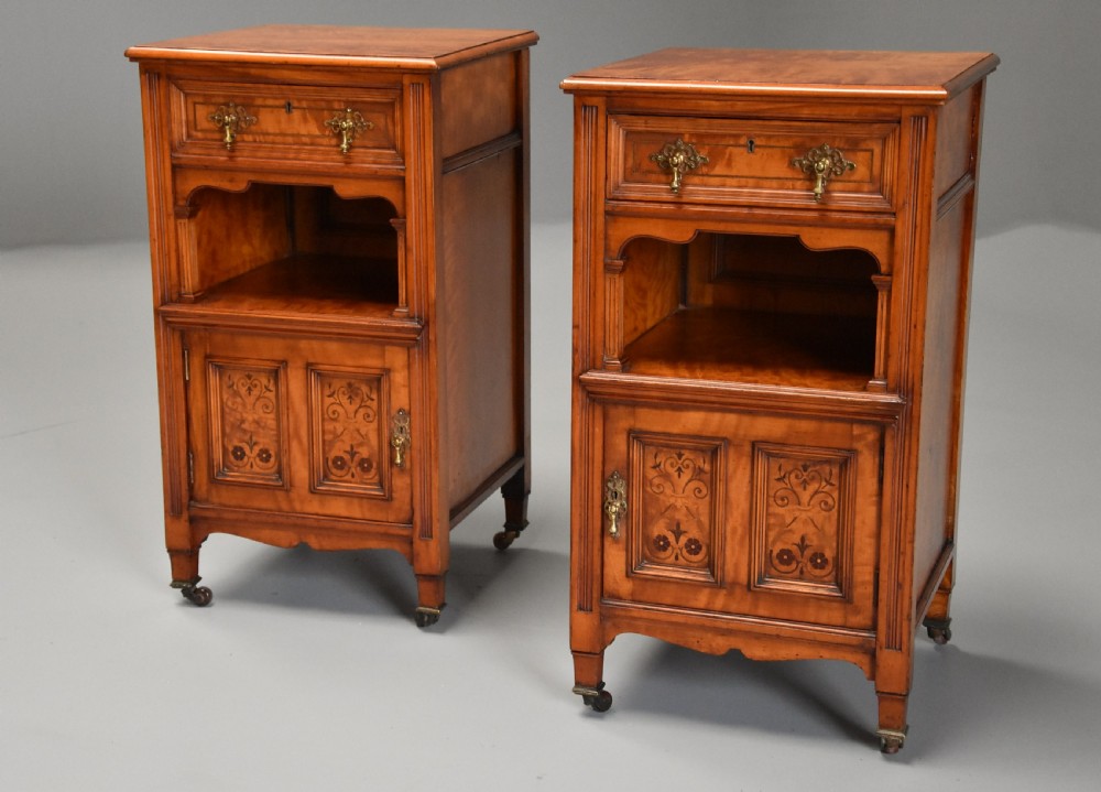 Pair of late 19th century satin birch bedside cabinets with Aesthetic Movement influence View VI