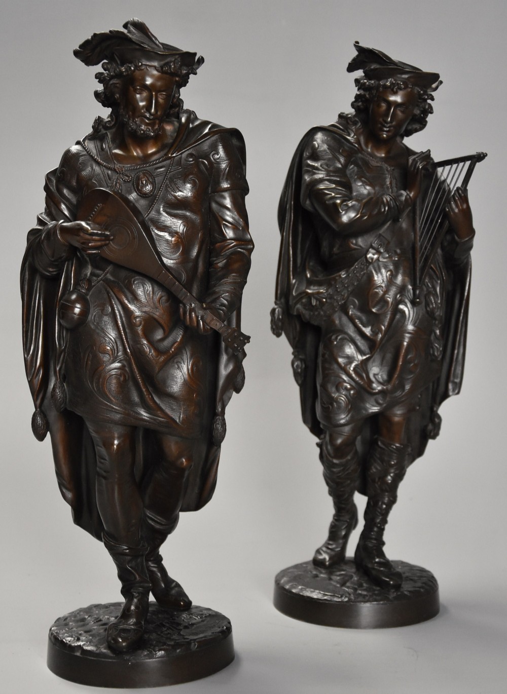 Pair of superb quality French 19th century bronze figures of minstrels (or musicians)