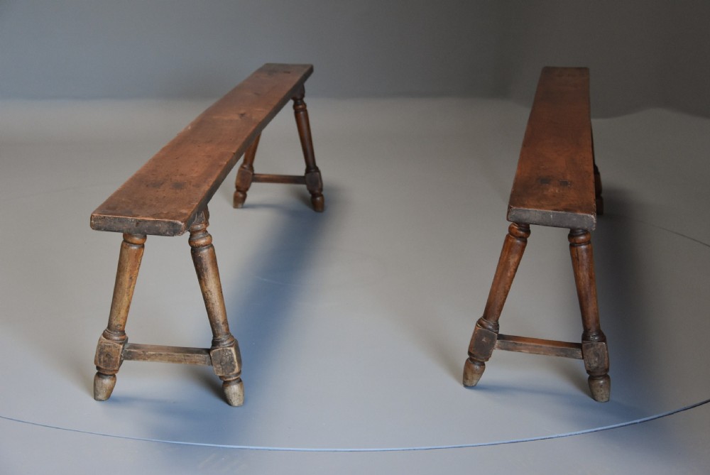 Pair of mid 19th century French fruitwood (cherry) benches of superb patina View III