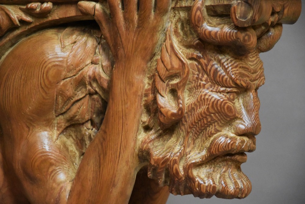 Large highly decorative superbly carved Continental pine bracket in the form of a satyr View V