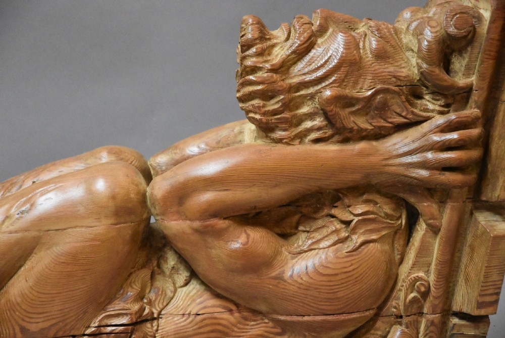 Large highly decorative superbly carved Continental pine bracket in the form of a satyr View X