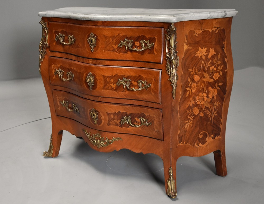 French walnut and Kingwood floral marquetry serpentine commode with marble top View VI