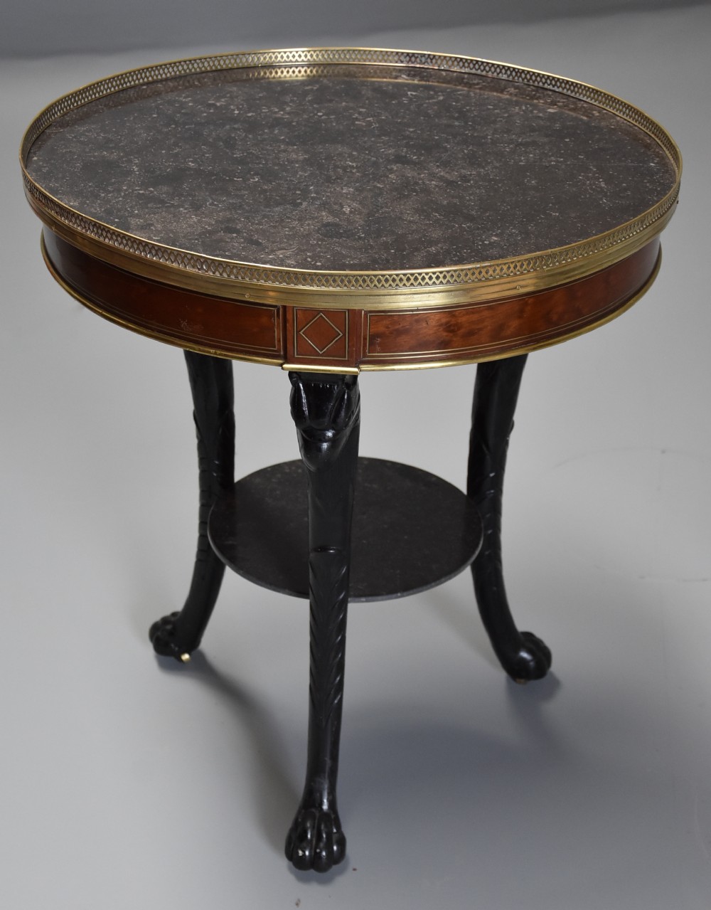 Highly decorative late 18thc French Empire mahogany & marble gueridon table