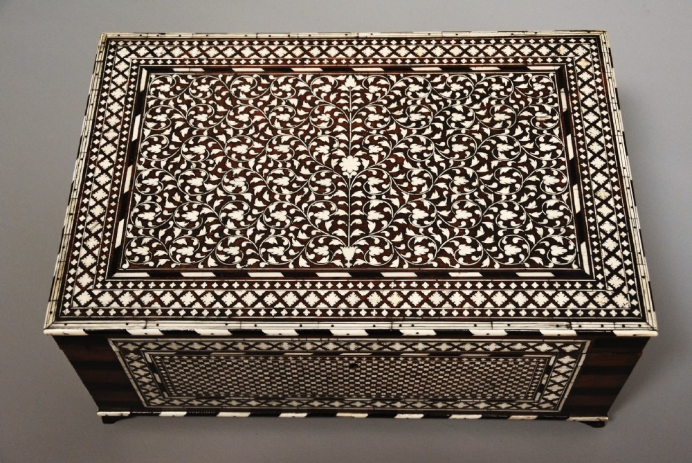 Superb quality 19thc Anglo Indian shisham wood, brass, ivory & ebony inlaid box View II