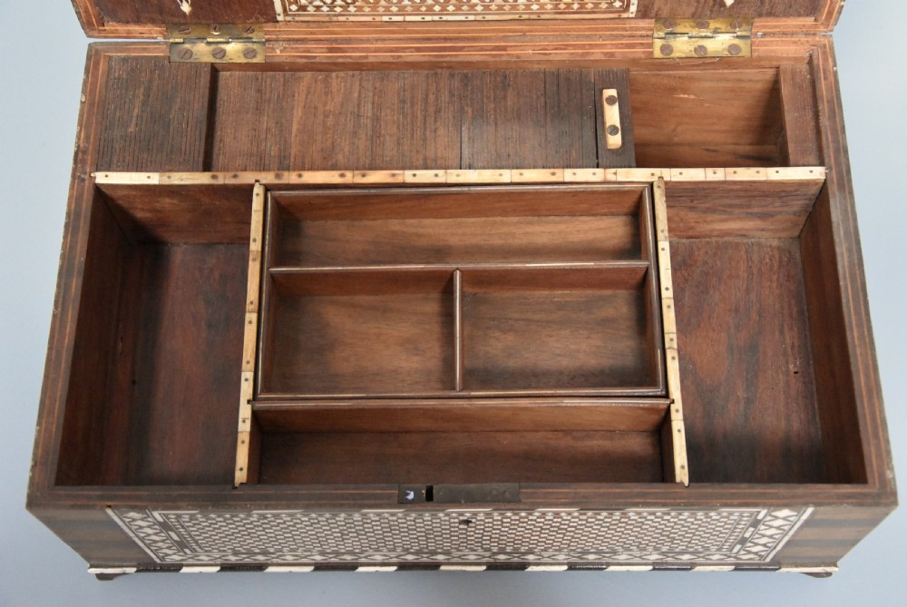 Superb quality 19thc Anglo Indian shisham wood, brass, ivory & ebony inlaid box View X
