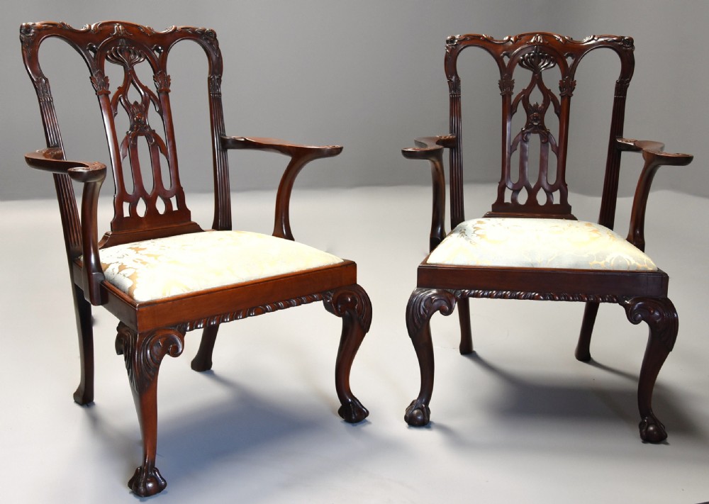 Pair of fine quality 19thc mahogany Chippendale style armchairs stamped T WILLSON, LONDON