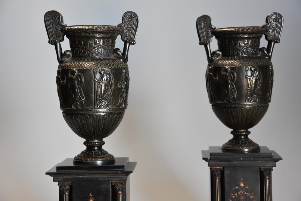 Pair of highly decorative 19thc Grand Tour style bronze 'Townley Vases' on slate plinths View VII