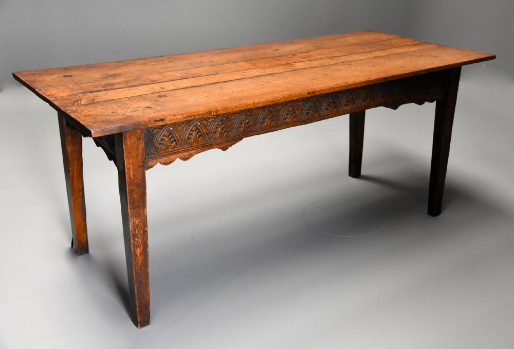 Late 18th century and earlier oak farmhouse table of superb patina View II