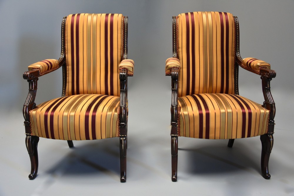 Pair of fine quality 19th century French Empire style rosewood open armchairs View II