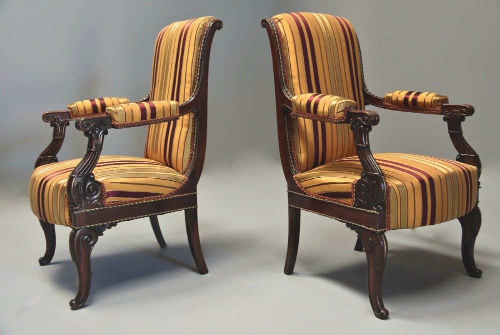 Pair of fine quality 19th century French Empire style rosewood open armchairs View III