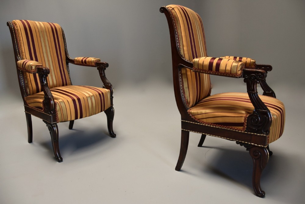 Pair of fine quality 19th century French Empire style rosewood open armchairs View V