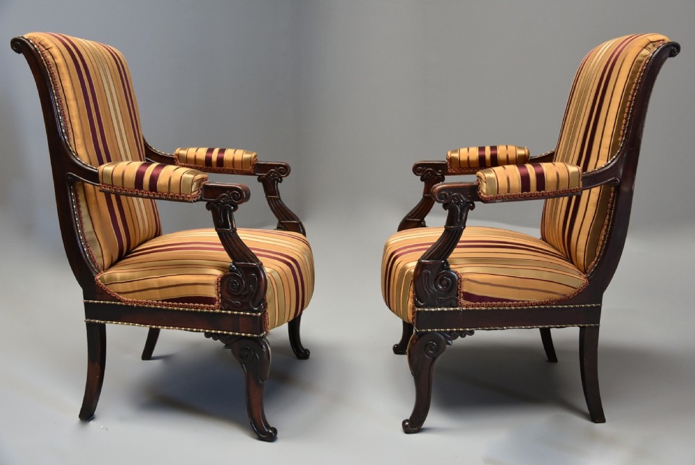 Pair of fine quality 19th century French Empire style rosewood open armchairs View VI