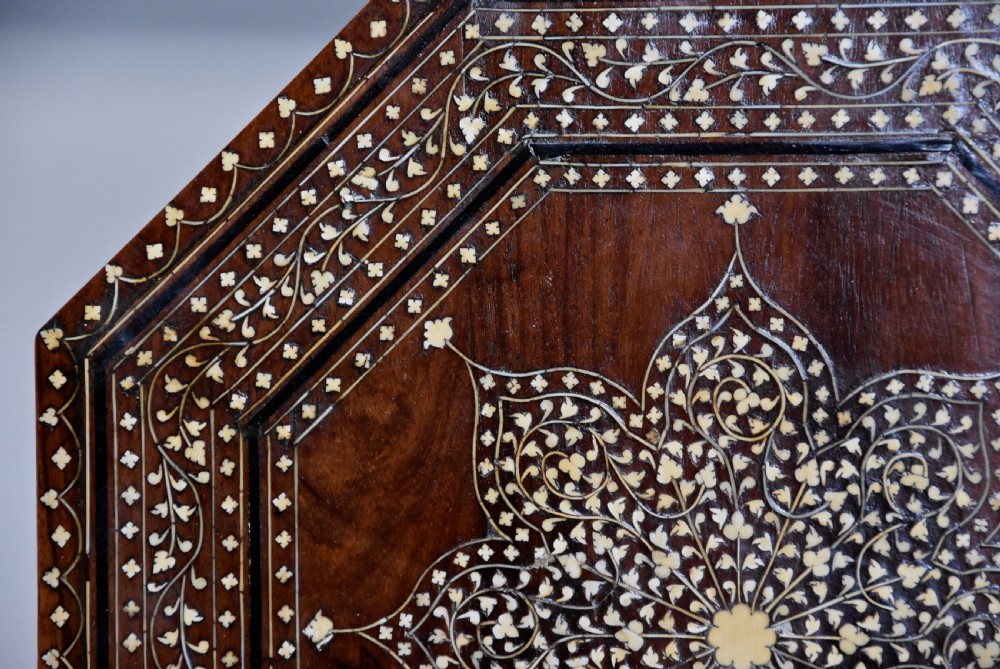 Highly decorative 19th century ivory inlaid hardwood Anglo Indian octagonal table View VIII
