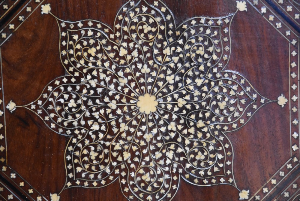 Highly decorative 19th century ivory inlaid hardwood Anglo Indian octagonal table View IX
