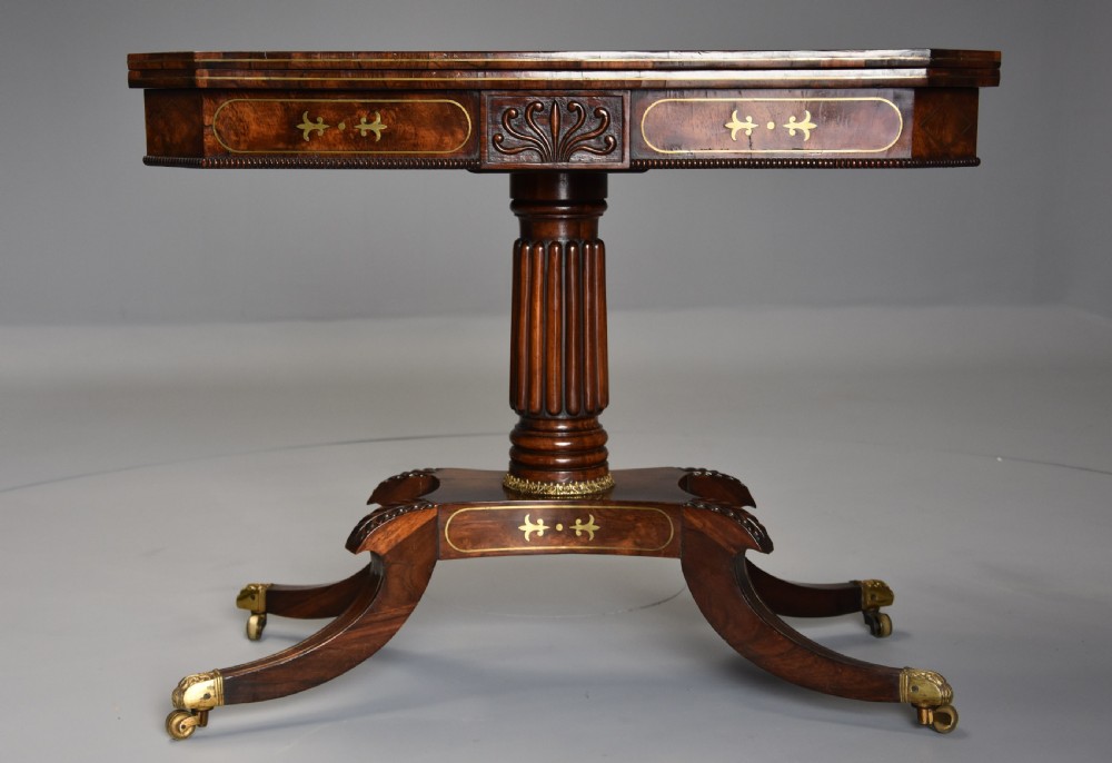 Regency rosewood card table with brass inlaid decoration of superb quality View IV