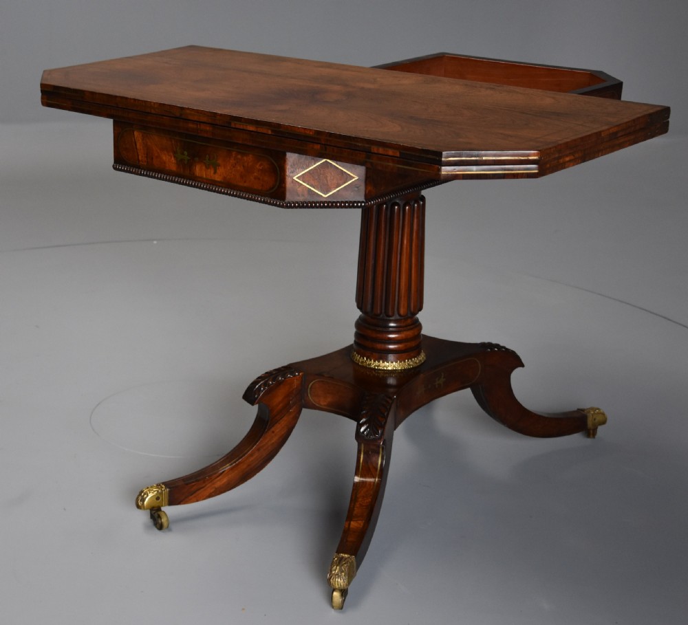 Regency rosewood card table with brass inlaid decoration of superb quality View VIII