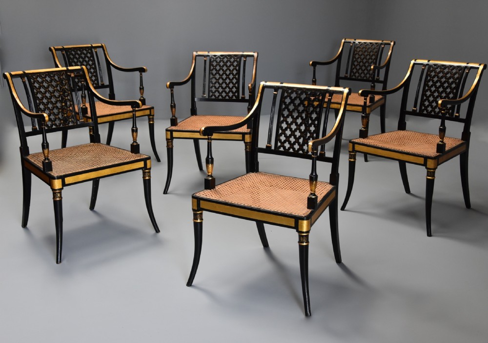 Highly decorative set of six Regency painted & gilt open armchairs View II