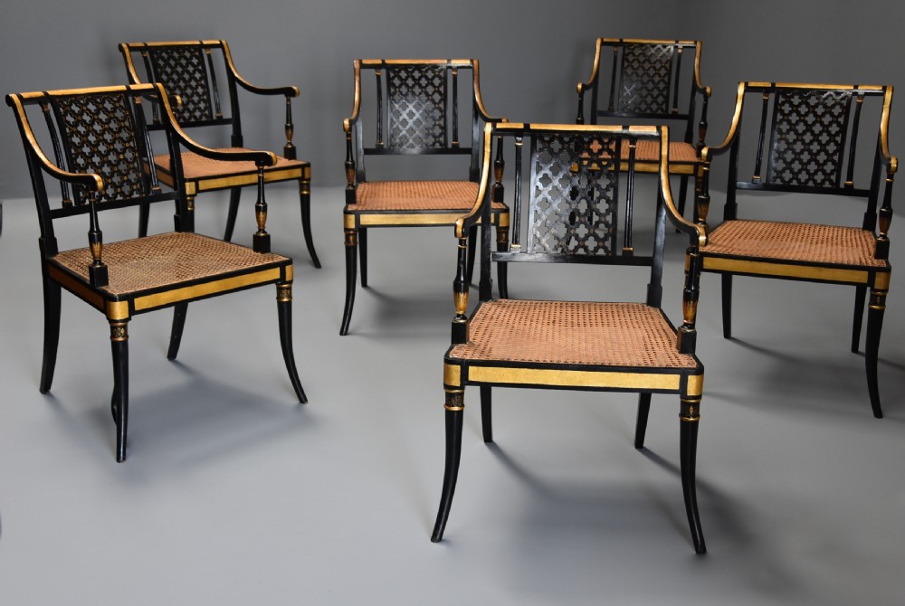 Highly decorative set of six Regency painted & gilt open armchairs View III